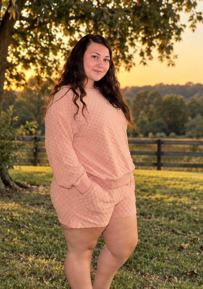 Checkered Textured Long Sleeve Top and Shorts Set