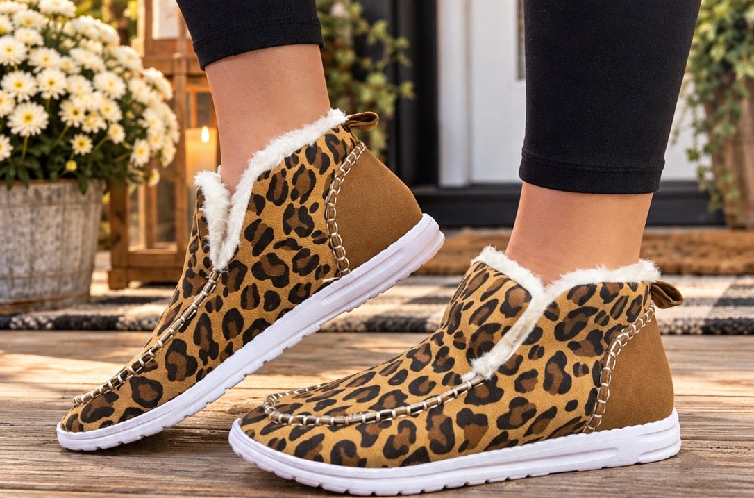 Leopard Print Ankle Patched Flat Winter Fur Boots