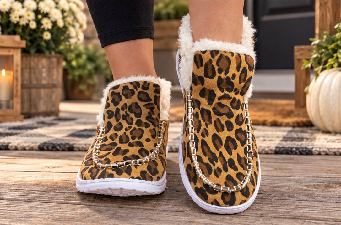 Leopard Print Ankle Patched Flat Winter Fur Boots