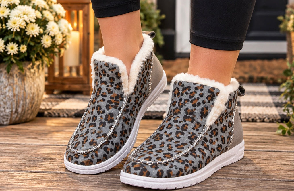 Leopard Print Ankle Patched Flat Winter Fur Boots (GREY)