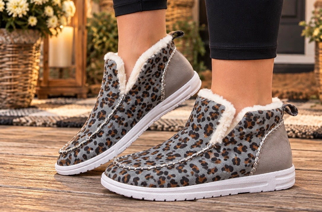 Leopard Print Ankle Patched Flat Winter Fur Boots (GREY)