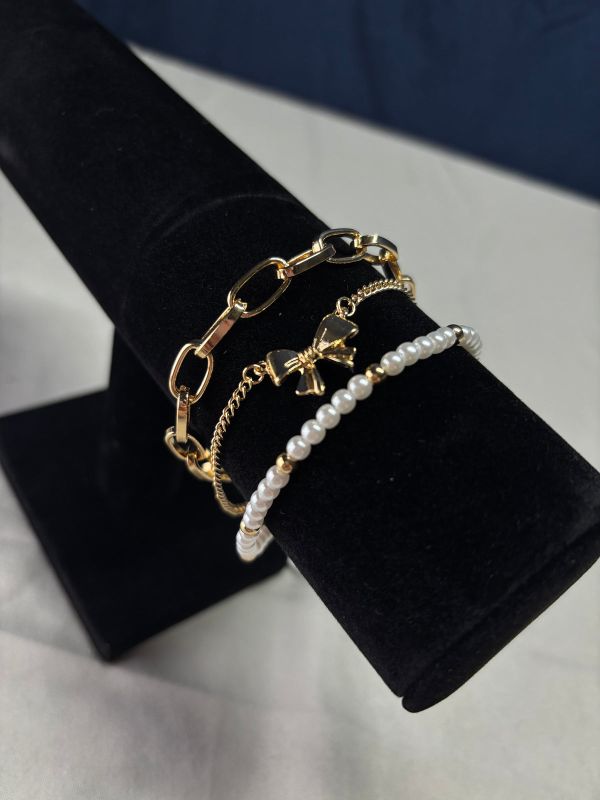 Bow Pearl Link Trio Set Bracelets
