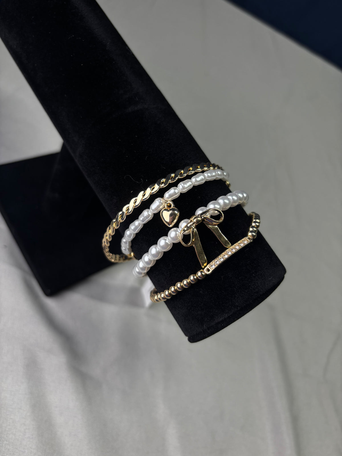 Bow Pearl Rhinestone Bar Stretch Bangle Set