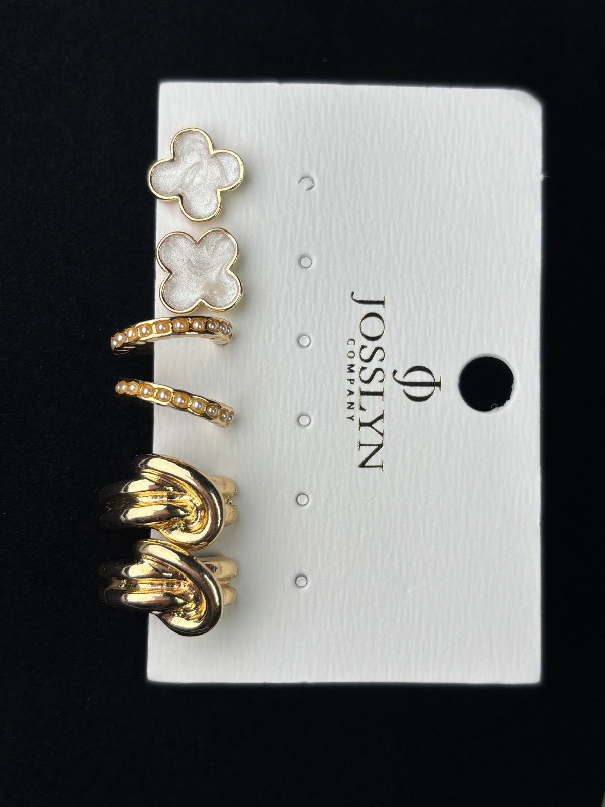 Gold-Tone Clover Pearl Huggie Hoop Earring Trio Set