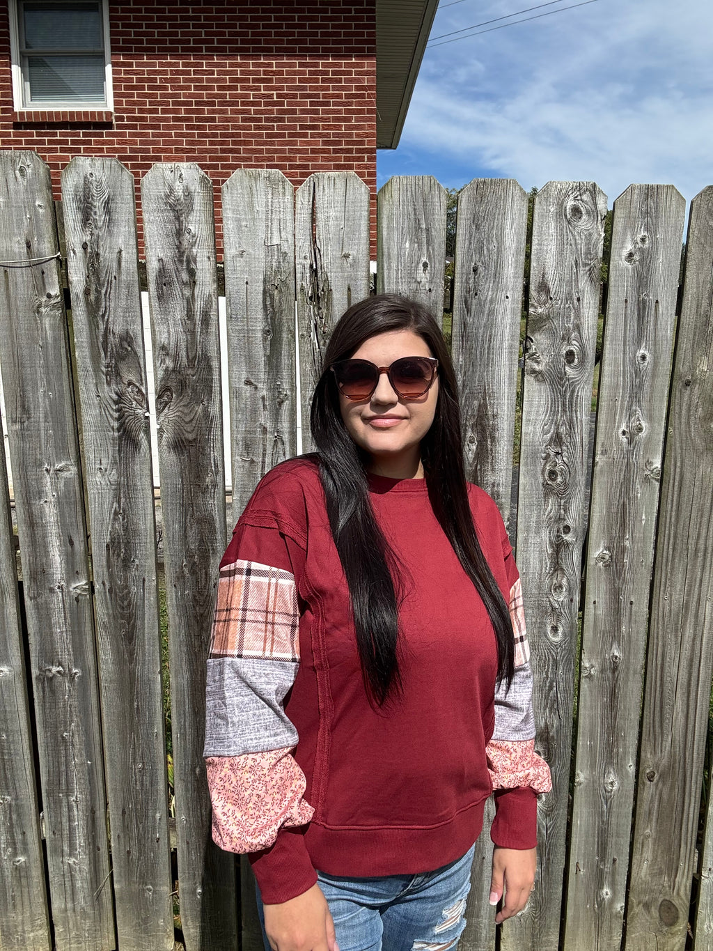 Plaid Colorblock Patchwork Sleeve Sweatshirt