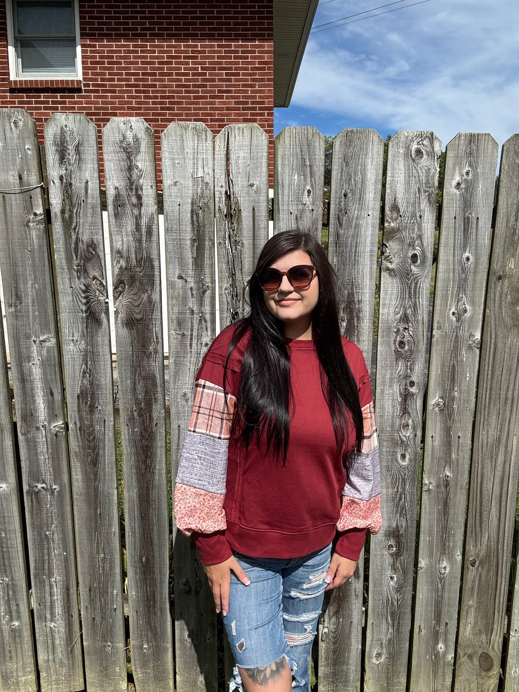 Plaid Colorblock Patchwork Sleeve Sweatshirt