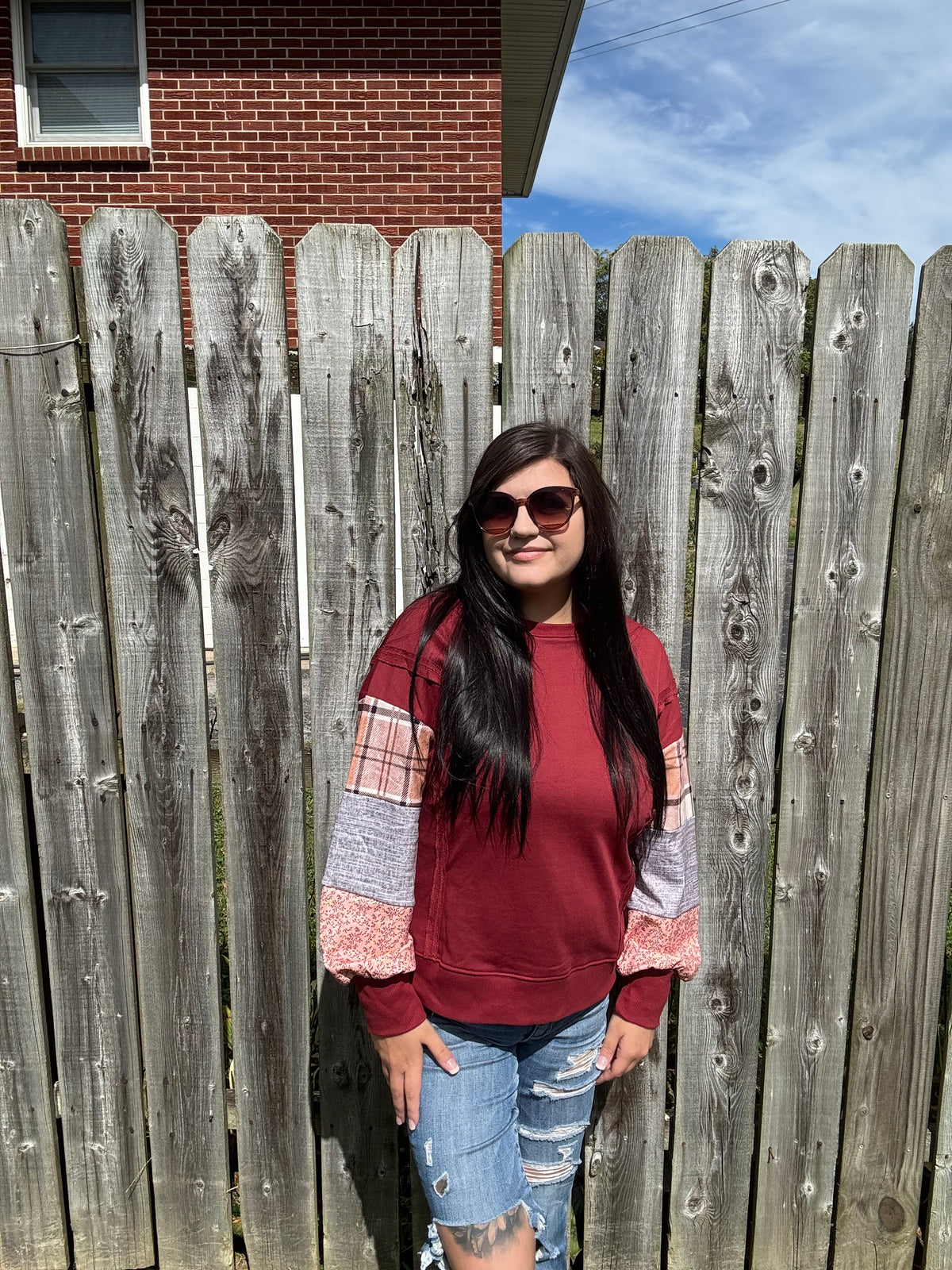 Plaid Colorblock Patchwork Sleeve Sweatshirt