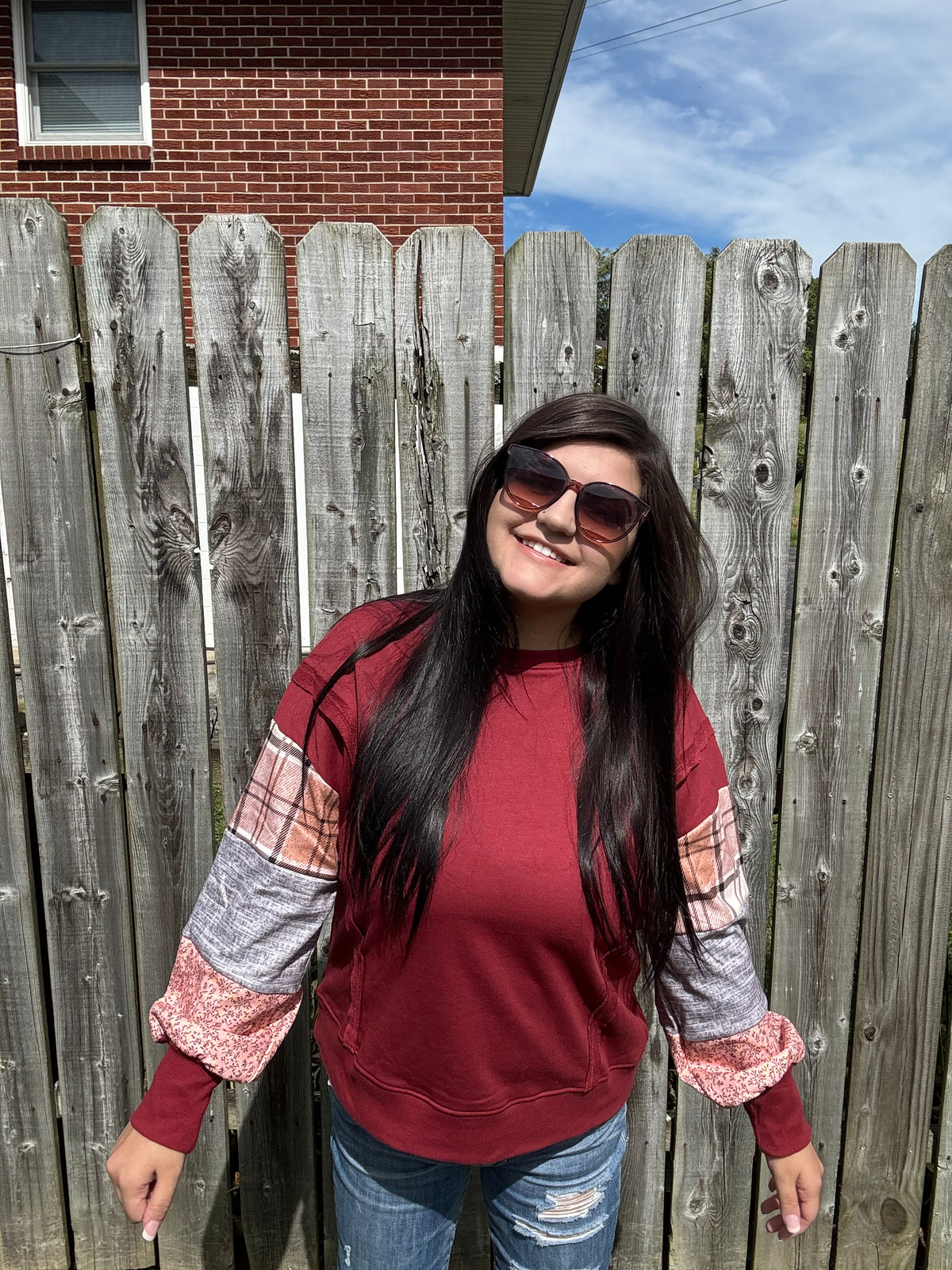 Plaid Colorblock Patchwork Sleeve Sweatshirt