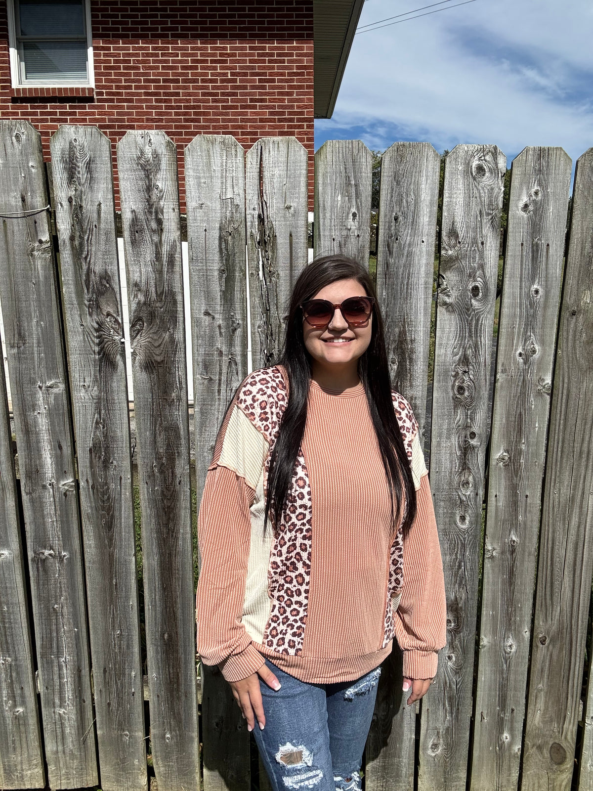Leopard Print Colorblock Ribbed Knit Top