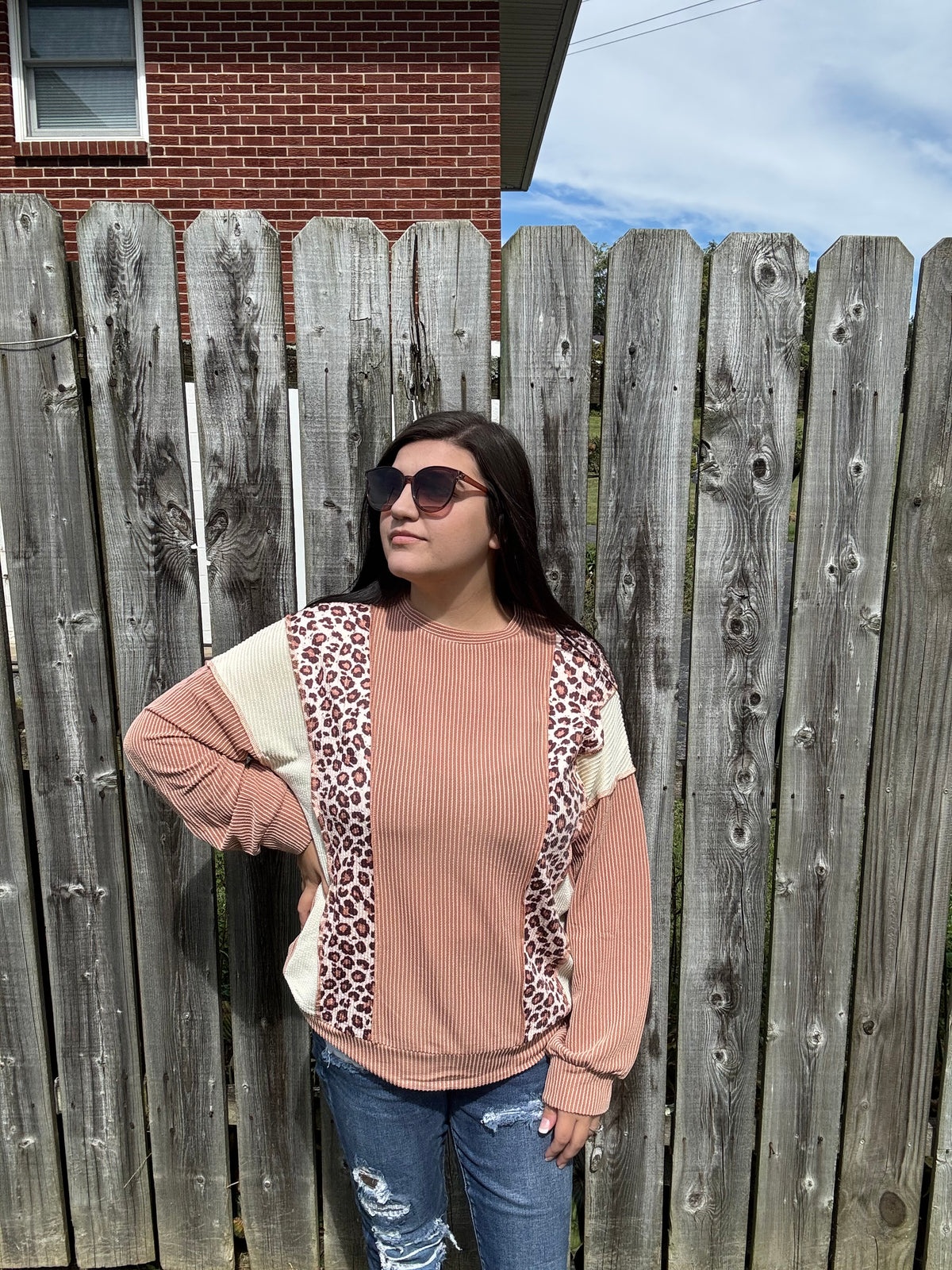 Leopard Print Colorblock Ribbed Knit Top