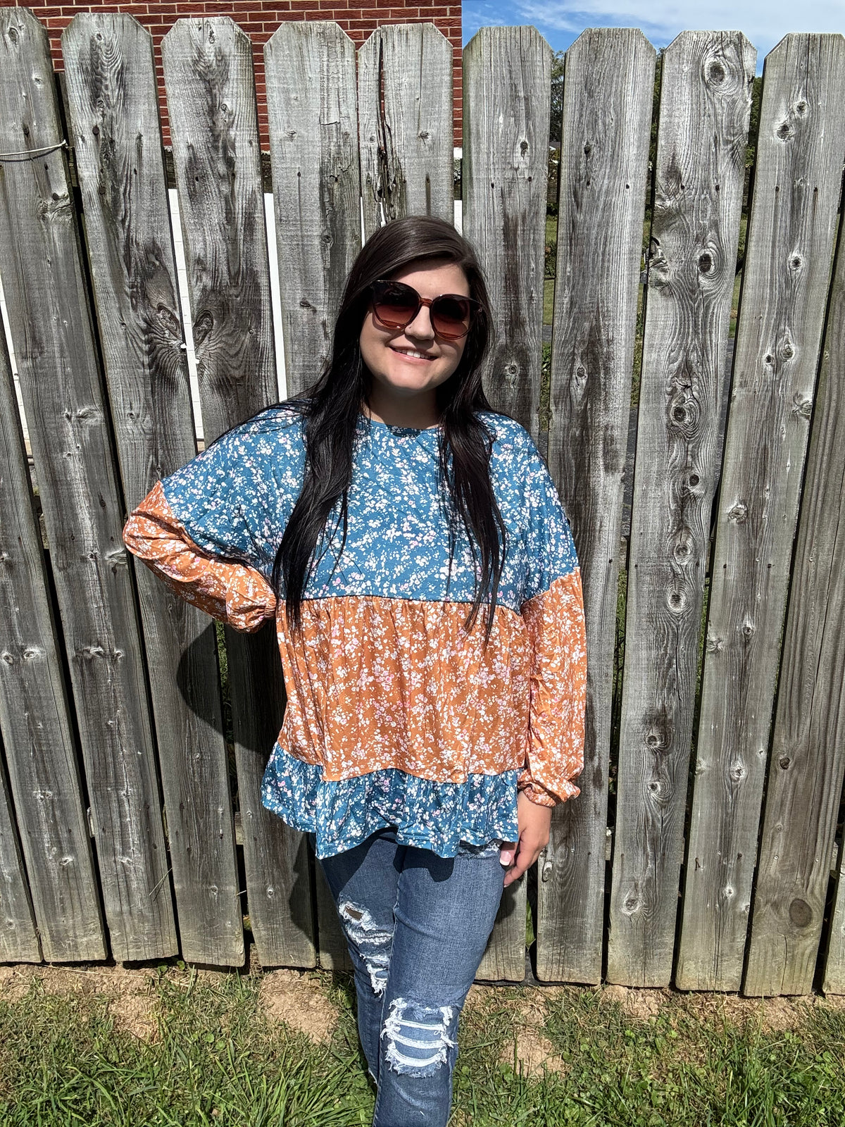 Floral Color Block Patchwork Ruffled Blouse