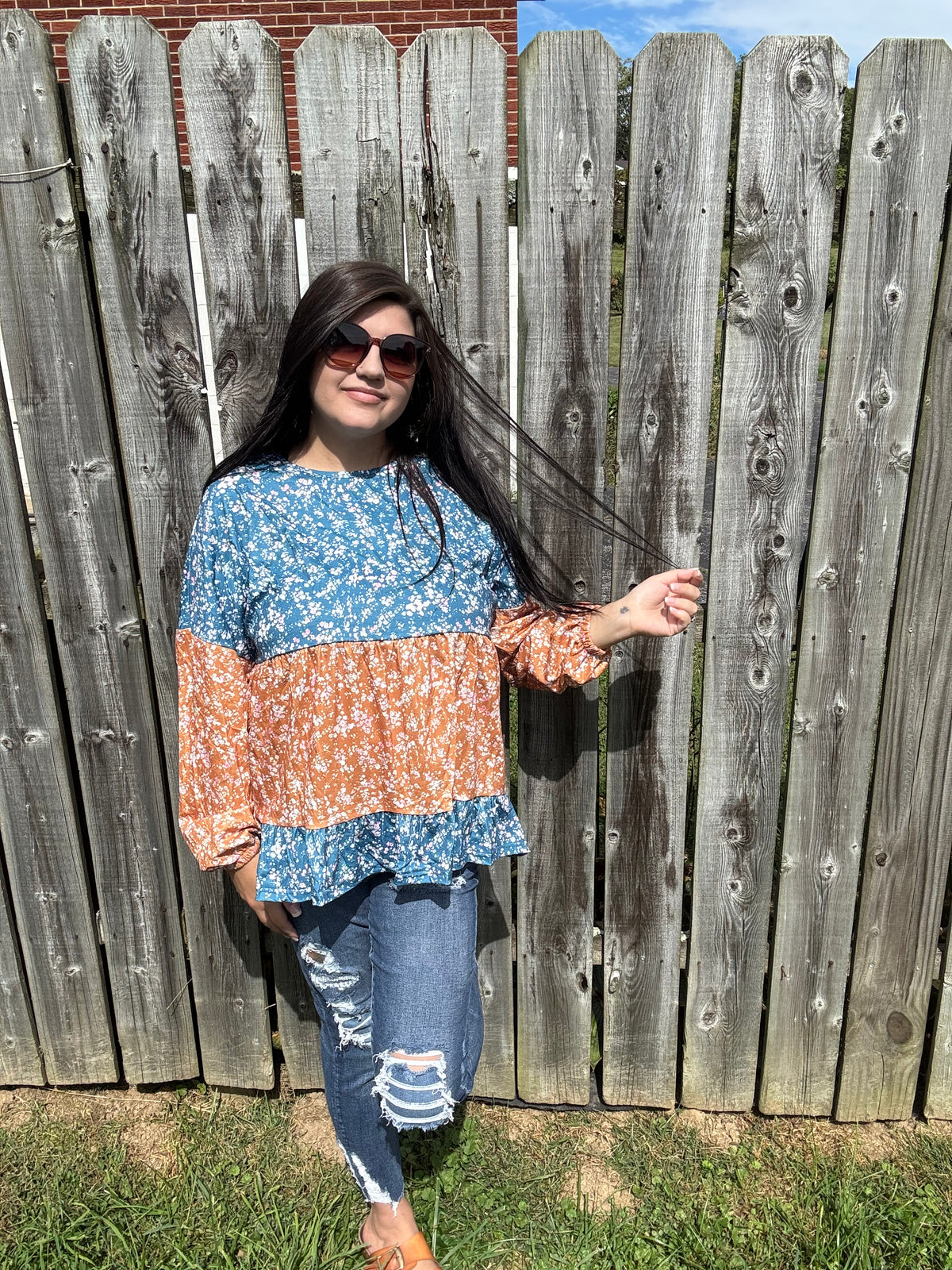 Floral Color Block Patchwork Ruffled Blouse
