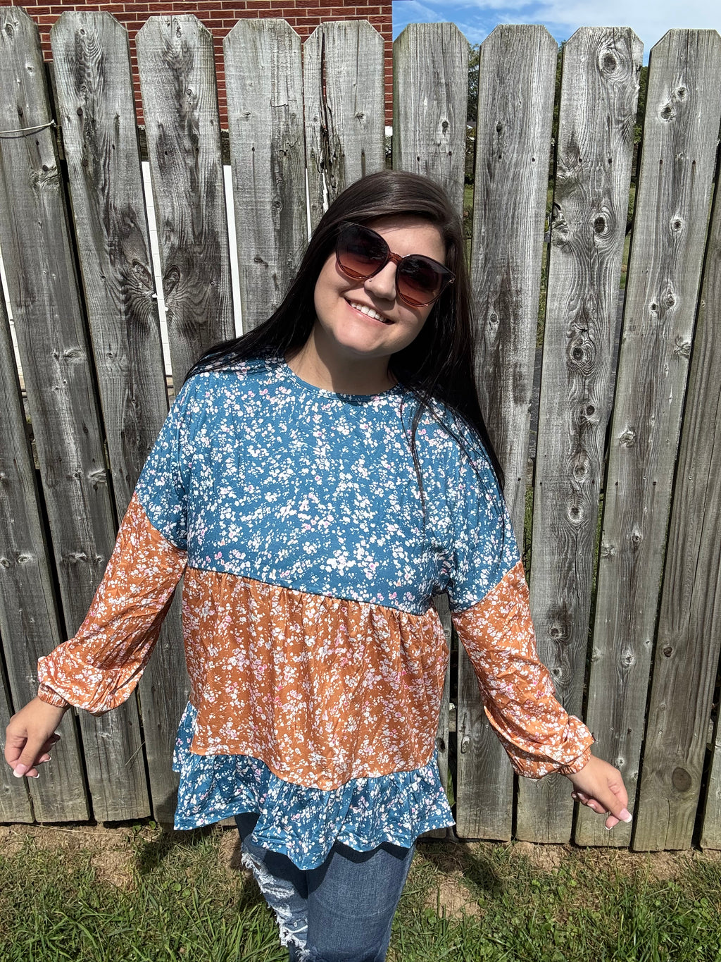 Floral Color Block Patchwork Ruffled Blouse