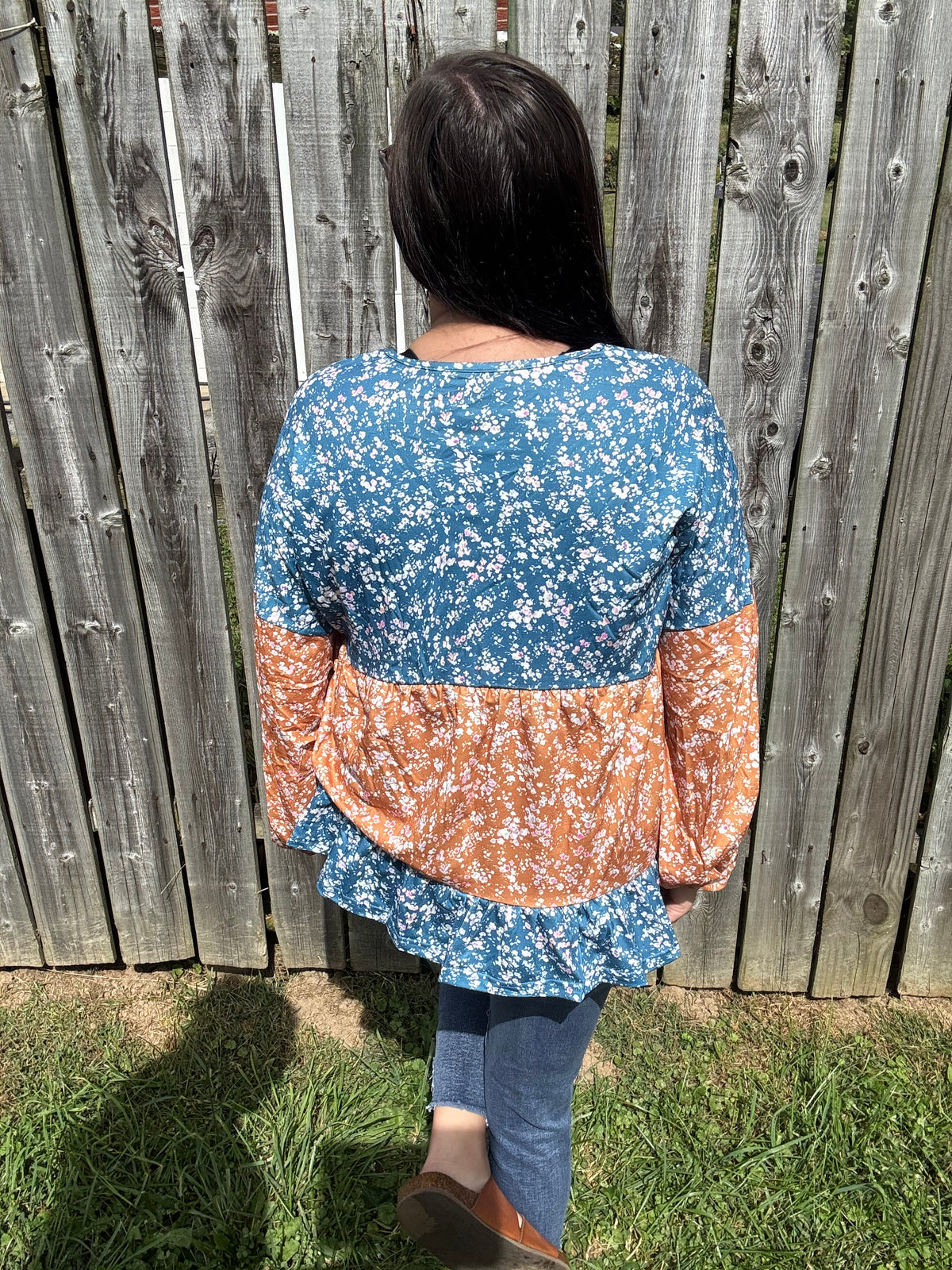 Floral Color Block Patchwork Ruffled Blouse
