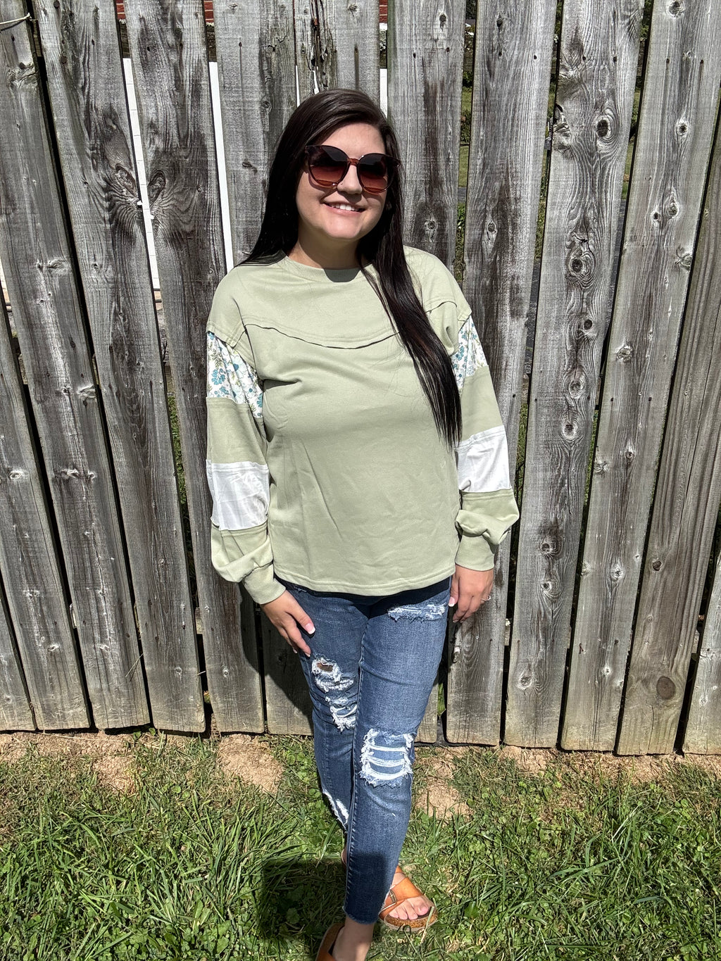 Floral Plaid Mixed Sleeve Relaxed Top
