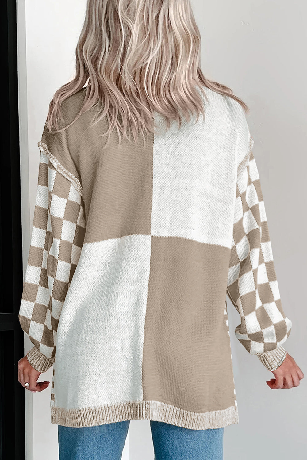 Brown Checkered Open Front Drop Shoulder Cardigan