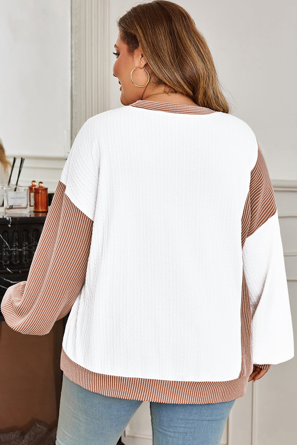 Cable Texture Ribbed Color Block Plus Size Knit Top