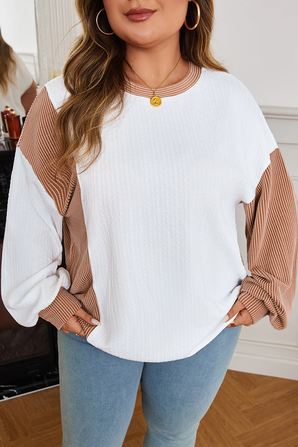 Cable Texture Ribbed Color Block Plus Size Knit Top