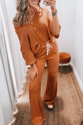 Contrast Stitching Buttoned V Neck Half Sleeve Top and Drawstring Flare Pants Set